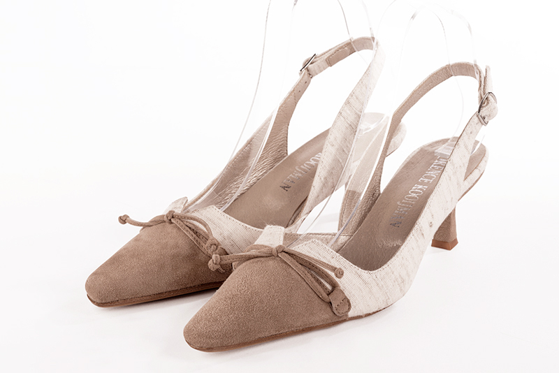 Biscuit beige and off white women's open back shoes, with a knot. Tapered toe. Medium spool heels. Front view - Florence KOOIJMAN
